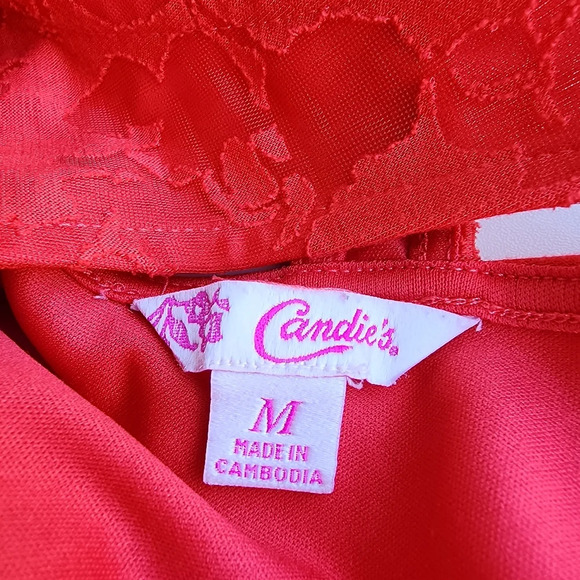 Candie's Mini Dress Bright Red Lace Burnout Lined Sleeveless Cross Back Floral M - Picture 2 of 13